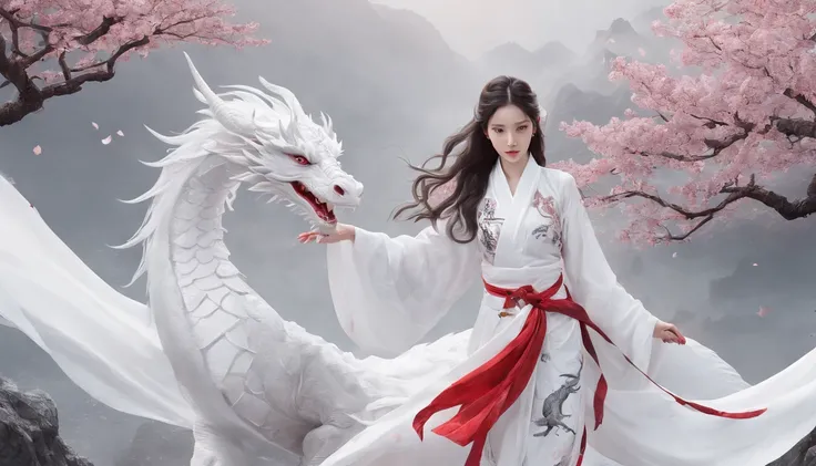 Luna Freya Knox Frey，动态照明，art  stations，poster for，Volumetriclighting，Very detailed faces，4k wallpapers，He has a delicate and beautiful face，long hair flowing，horse tailed，Fringed Hair Ornament，Dynamic perspective，White Hanfu，White gauze flying，red waistba...