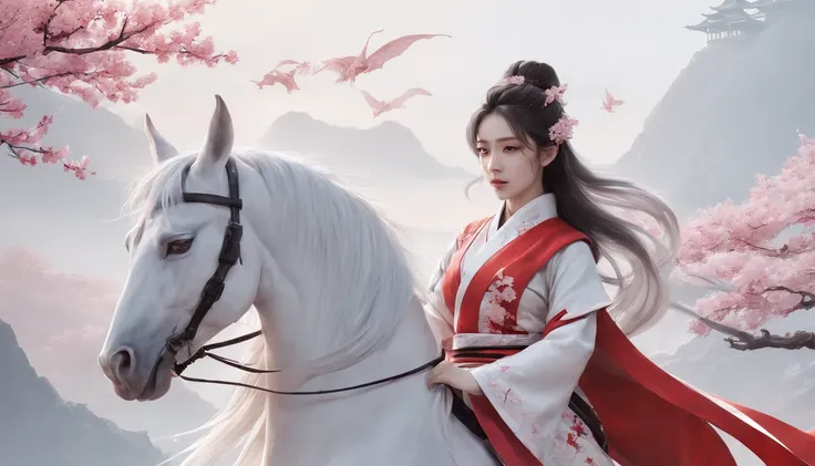 Luna Freya Knox Frey，动态照明，art  stations，poster for，Volumetriclighting，Very detailed faces，4k wallpapers，He has a delicate and beautiful face，long hair flowing，horse tailed，Fringed Hair Ornament，Dynamic perspective，White Hanfu，White gauze flying，red waistba...