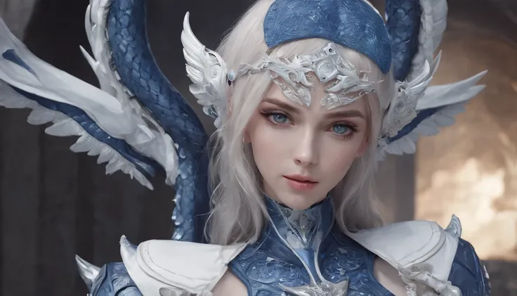 Luna Freya Knox Frey，Highest image quality，Outstanding details，超高分辨率，（Fidelity：1.4）, Favor the details，closeup cleavage，Ride a dragon，High-tech dragon knight mech，He has a delicate and beautiful face，（（Blue-white flying semi-mechanical fuselage：1.8）），Raise...