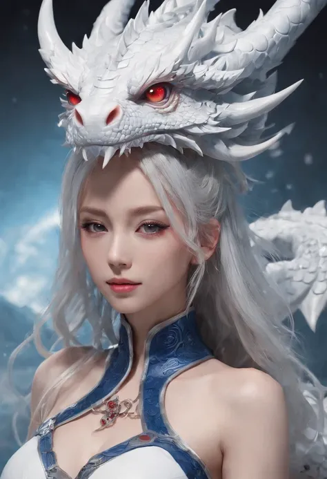 Luna Freya Knox Frey，Highest image quality，Outstanding details，超高分辨率，（Fidelity：1.4）, Favor the details，closeup cleavage，Ride a dragon，High-tech dragon knight mech，He has a delicate and beautiful face，（（Blue-white flying semi-mechanical fuselage：1.8）），Raise...