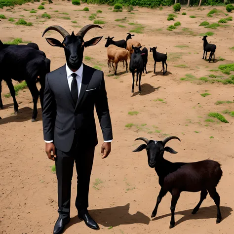 A Goat Standing, His outfit is a black suit and tie, he has the head of a black goat, rosto de bode preto, imagem de alta qualidade, place is a paradise only its bottom, raios de sol e luz,