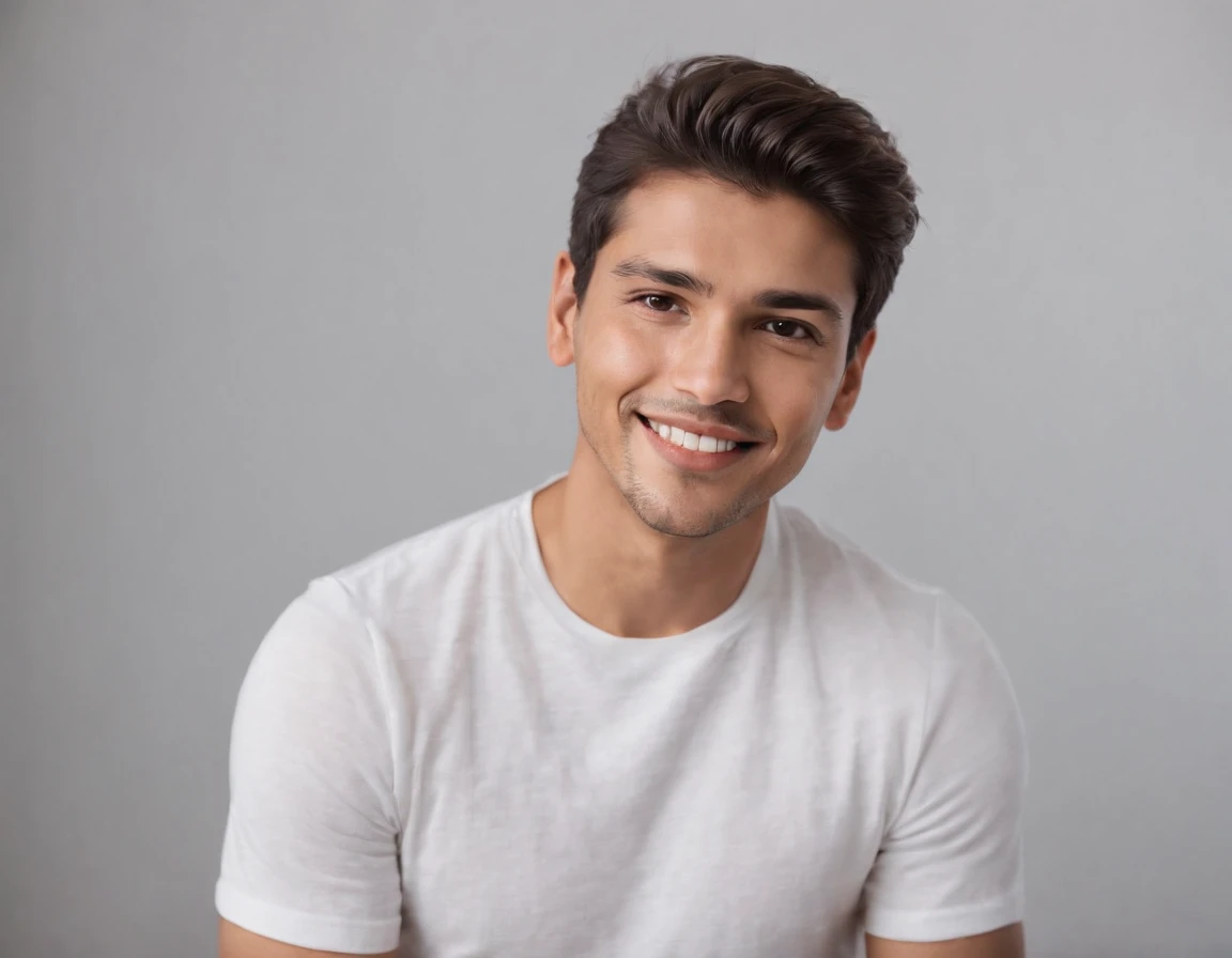 ((South American Latino)), (Latino man), (photo: 1.3) af (photorealism: 1.3), frontal close-up, soft light, clear face, happy, cheerful, warm light, white T-shirt, (grey and white background), (blank background), (gray wall background) avatar, (short hair)...