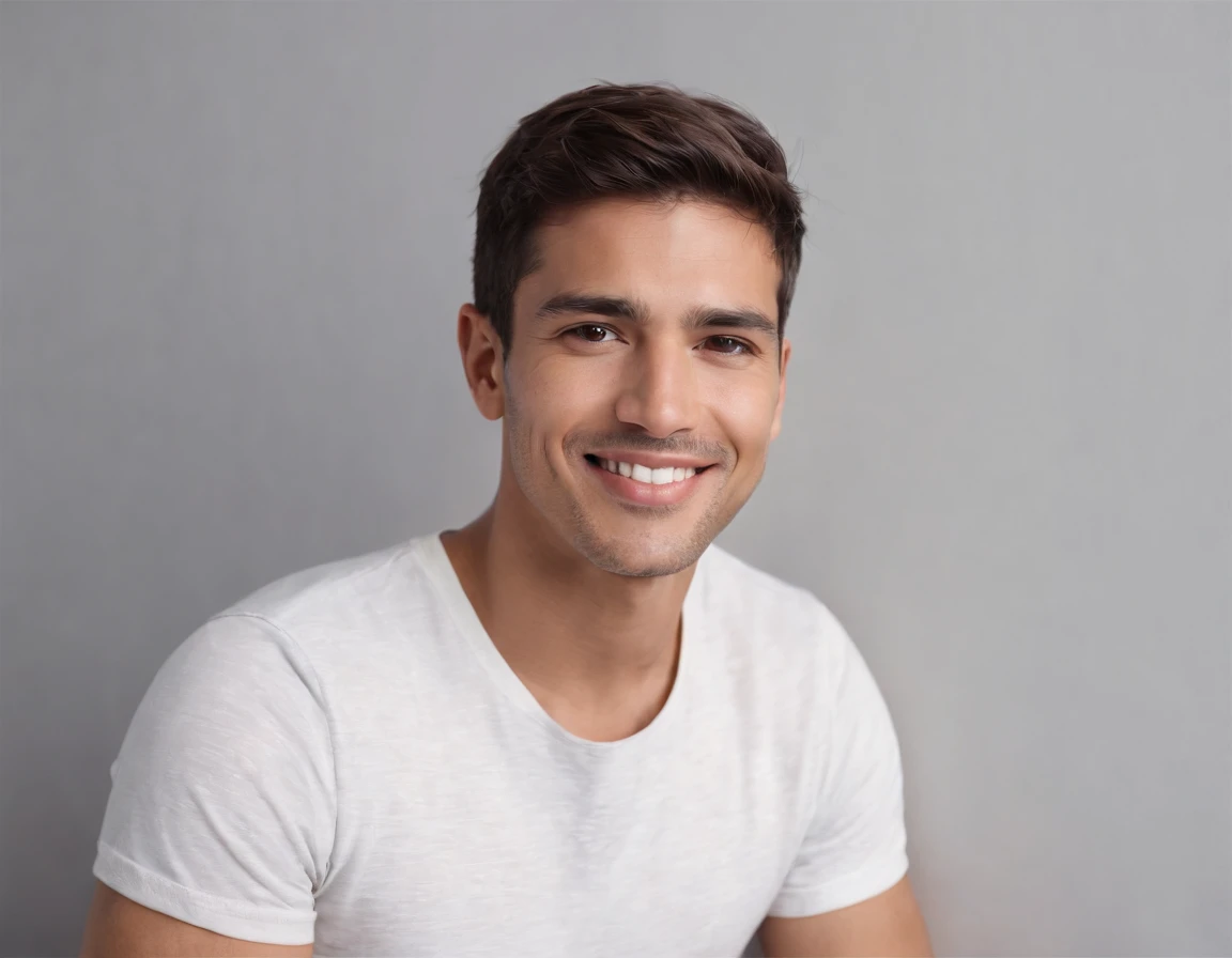 ((South American Latino)), (Latino man), (photo: 1.3) af (photorealism: 1.3), frontal close-up, soft light, clear face, happy, cheerful, warm light, white T-shirt, (grey and white background), (blank background), (gray wall background) avatar, (short hair)...