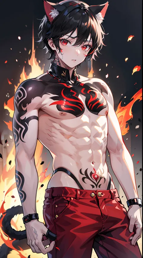 young boy, short black hair, cat ears, red eyes, tattoo, open torso, red pants, fire, Masterpiece, hiquality, 4k, HD, Good detail