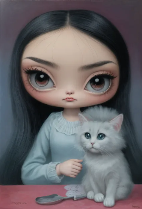 A painting of a girl and a cat sitting at a table, Margaret Keane Estilo, inspirado por Margaret Keane, por Margaret Keane, con ojos grandes, inspirado por Mark Ryden, Estilo Mark Ryden, por Yi Inmun, por Ksenia Milicevic, benjamin lacombe, Arte de Jana Br...