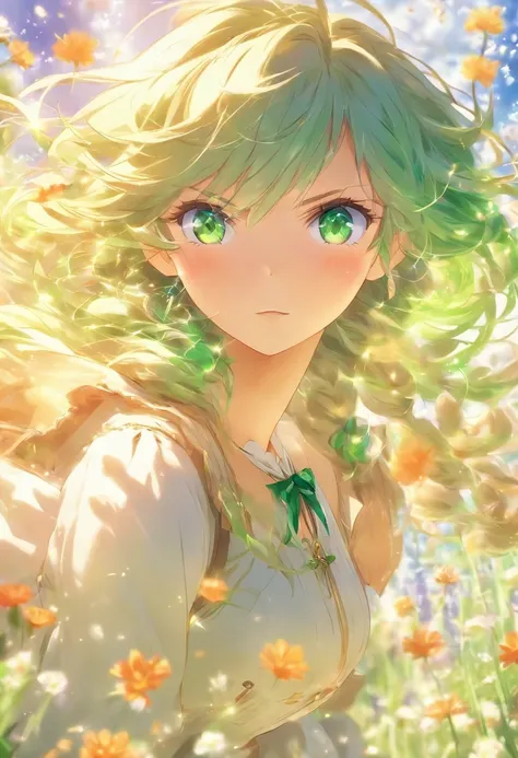 Flowering meadow,garden,Anime girl wearing skirt in flower field, Loli girl in a dress, Official anime artwork, Violet Evergarden,Green hair, Emerald hair,green long hair,Elf Princess, Emerald eyes,the elf,anime visual of a cute girl, beautiful teenage gir...