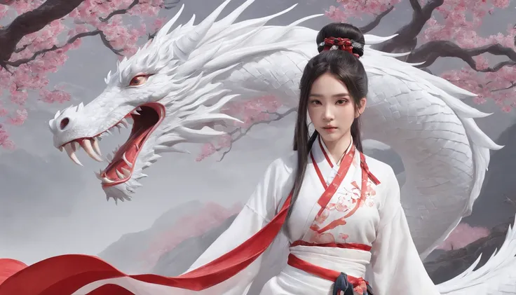 Luna Freya Knox Frey，动态照明，art  stations，poster for，Volumetriclighting，Very detailed faces，4k wallpapers，He has a delicate and beautiful face，long hair flowing，horse tailed，Fringed Hair Ornament，Dynamic perspective，White Hanfu，White gauze flying，red waistba...