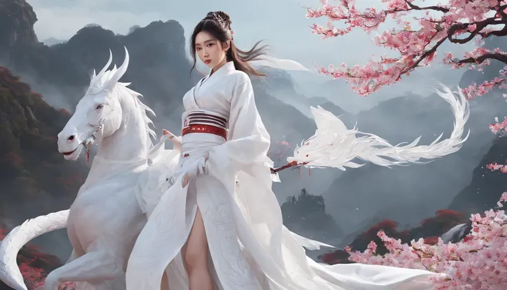 Luna Freya Knox Frey，动态照明，art  stations，poster for，Volumetriclighting，Very detailed faces，4k wallpapers，He has a delicate and beautiful face，long hair flowing，horse tailed，Fringed Hair Ornament，Dynamic perspective，White Hanfu，White gauze flying，red waistba...