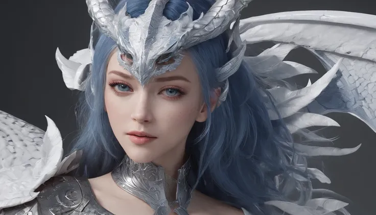 Luna Freya Knox Frey，Highest image quality，Outstanding details，超高分辨率，（Fidelity：1.4）, Favor the details，closeup cleavage，Ride a dragon，High-tech dragon knight mech，He has a delicate and beautiful face，（（Blue-white flying semi-mechanical fuselage：1.8）），Raise...