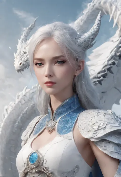 Luna Freya Knox Frey，Highest image quality，Outstanding details，超高分辨率，（Fidelity：1.4）, Favor the details，closeup cleavage，Ride a dragon，High-tech dragon knight mech，He has a delicate and beautiful face，（（Blue-white flying semi-mechanical fuselage：1.8）），Raise...