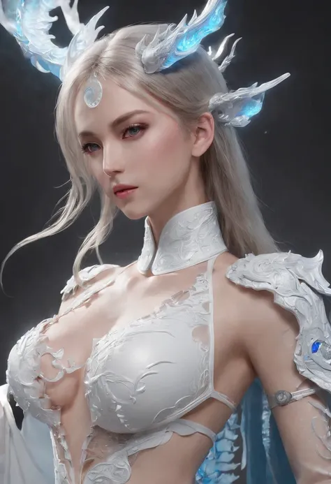 Luna Freya Knox Frey，Highest image quality，Outstanding details，超高分辨率，（Fidelity：1.4）, Favor the details，closeup cleavage，Ride a dragon，High-tech dragon knight mech，He has a delicate and beautiful face，（（Blue-white flying semi-mechanical fuselage：1.8）），Raise...