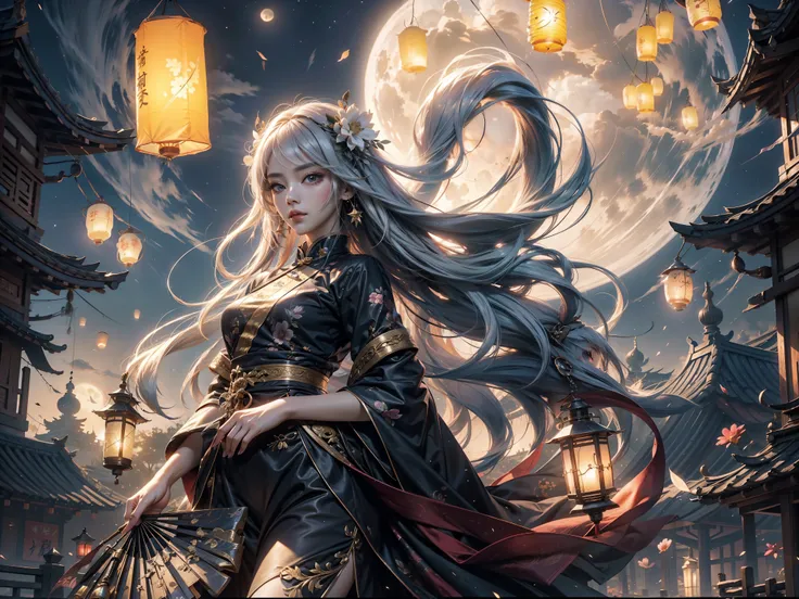 (max resolution: 1.2), (Ultra HDTV: 1.2), 8K resolution, Eye and skin details, face details, , (Sharp focus: 1.2), (Precise focus) face sharp face: 1.2), Standing girl, Flower lantern, Mid-Autumn Festival, Chinese historical costumes, (long hair), White ha...