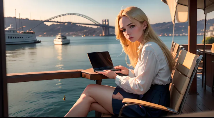 1girl, mature woman, elegant, blonde hair, from behind, sitting on chair, laptop infront, under the Bosphorus Bridge, near group of fishermen boats