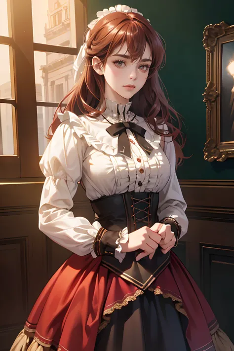 (tmasterpiece, high resolution, ultra - detailed:1.0), (1 girl, Young women), Eyes looking at the camera, Perfect female body, Extremely detailed CG, 8K wallpaper, Complicated details, solo person, (Brown-red hair, Victorian skirt),victorian age,color diff...