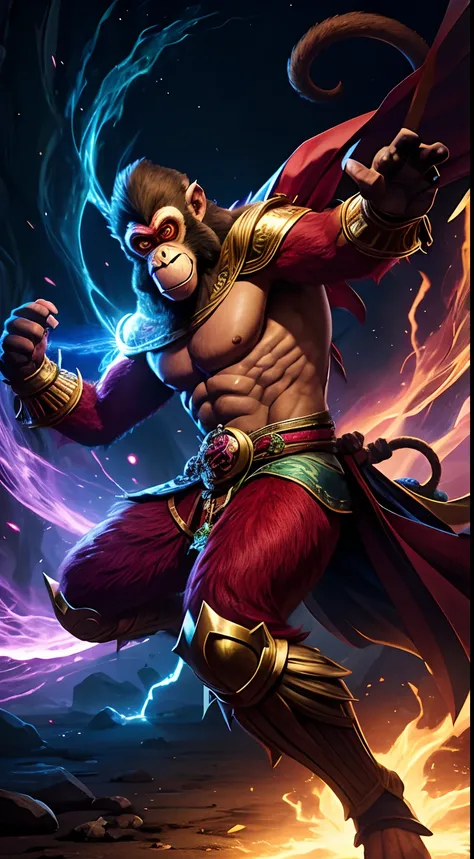 monkey mask creature, animated, fantasy colors, fighting pose, full body, magic energy background, masterpiece, ultra high details