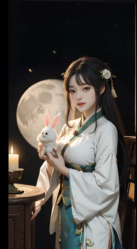 Change，Moon，Hanfu，period costume，Huge Moon，sitted，Holding the rabbit