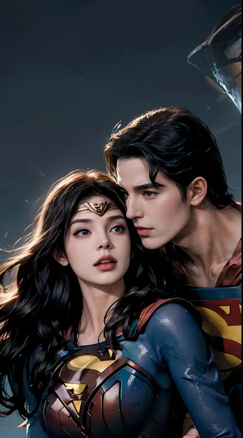 superman and wonder woman are kissing each other deeply