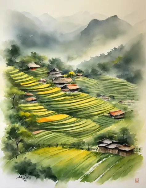 Large expanses of terraced fields, mountains, huts, with rice fields, rice fields, neat rice seedlings in the fields, misty rain, villages, agriculture, in the tranquil landscape, misty weather, in the vast tranquil landscape, in the early morning, in the ...