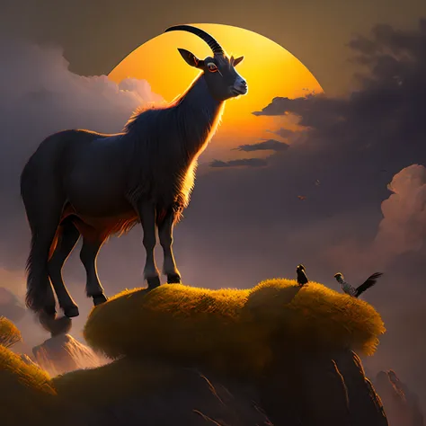 A Goat Standing, His outfit is a black suit and tie, he has the head of a black goat, rosto de bode preto,In the background of the image is a beautiful paradise, com nuvens, and birds flying overhead,  com raio de luz do sol radiante na imagem de alta qual...