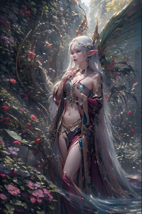 ( Absurd, High quality, Ultra-detailed, Masterpiece, concept-art, smooth, high detail artwork, Hyper-realistic painting ) , elf, Plum elf, plum , Transparent fairy wings, huge tit，low chest，fairytale-like, Romantic, Vivid, Whole body,hand behind back，Malu，...