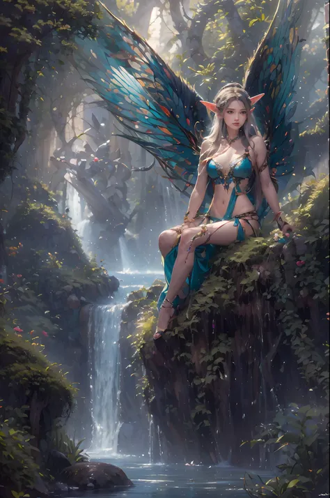 ( Absurd, High quality, Ultra-detailed, Masterpiece, concept-art, smooth, high detail artwork, Hyper-realistic painting ) , elf, Plum elf, plum , Transparent fairy wings, huge tit，low chest，fairytale-like, Romantic, Vivid, Whole body,hand behind back，Malu，...