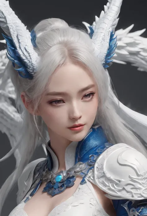 Cirilla Fiona Elen Riannon，excellent picture quality，Outstanding details，超高分辨率，（Fidelity：1.4）, Prioritize details，Split close-up，Ride the dragon，High-tech robot dragon knight，He has a gentle and beautiful face，（（Blue and white flying semi-mechanical fusela...