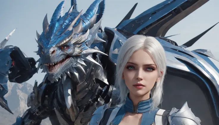 Cirilla Fiona Elen Riannon，Highest image quality，Outstanding details，超高分辨率，（Fidelity：1.4）, Favor the details，closeup cleavage，Ride a dragon，High-tech dragon knight mech，He has a delicate and beautiful face，（（Blue-white flying semi-mechanical fuselage：1.8））...