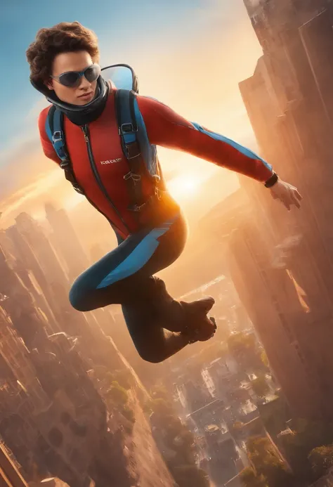 movie picture quality，Disney animation style，A 16-year-old boy rookie skydiver falls through the air, short detailed hair，skydiver outfit，depth of fields，high light，Real light，Ray traching，oc rendered，Hyper-realistic，best qualtiy，8K，Works of masters，super-...