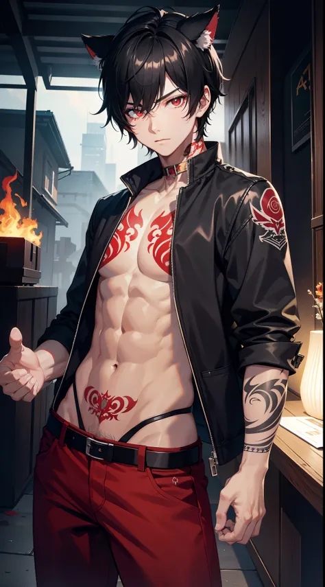 young boy, short black hair, cat ears, red eyes, tattoo, open torso, red pants, fire, Masterpiece, hiquality, 4k, HD, Good detail