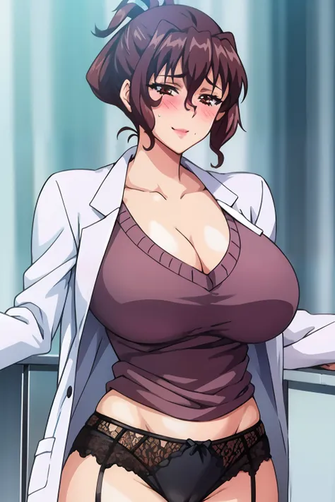 anime style, aiko katsuragi, best quality, high resolution, mature female, milf, 1girl, arms lift, large breasts, labcoat, garte...