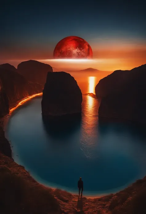 night, blue, ocean, floating, giant, red, planet, gold, reflection, humanoid