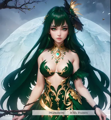 (best quality,4k,8k,highres,masterpiece:1.2),demon angel,[green feathered dress],beautiful detailed eyes,beautiful detailed lips,extremely detailed face,longeyelashes,[green feathered wings],elegant pose,serene expression,glowing halo,ethereal atmosphere,p...