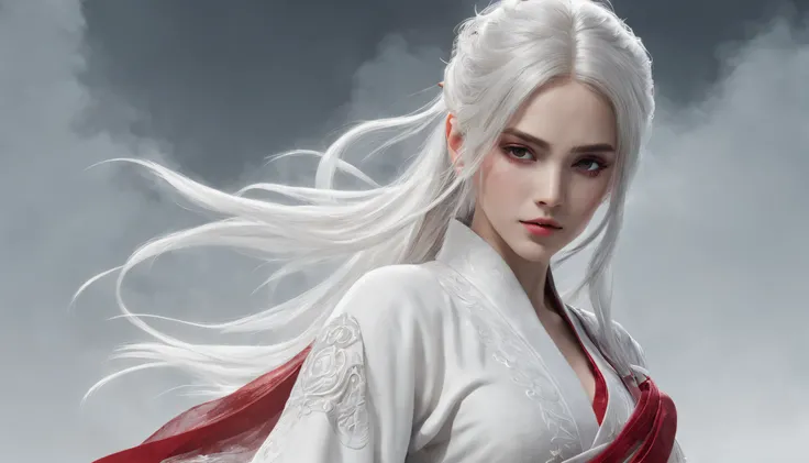 Cirilla Fiona Elen Riannon，动态照明，art  stations，poster for，Volumetriclighting，Very detailed faces，4k wallpapers，He has a delicate and beautiful face，long hair flowing，horse tailed，Fringed Hair Ornament，Dynamic perspective，White Hanfu，White gauze flying，red w...