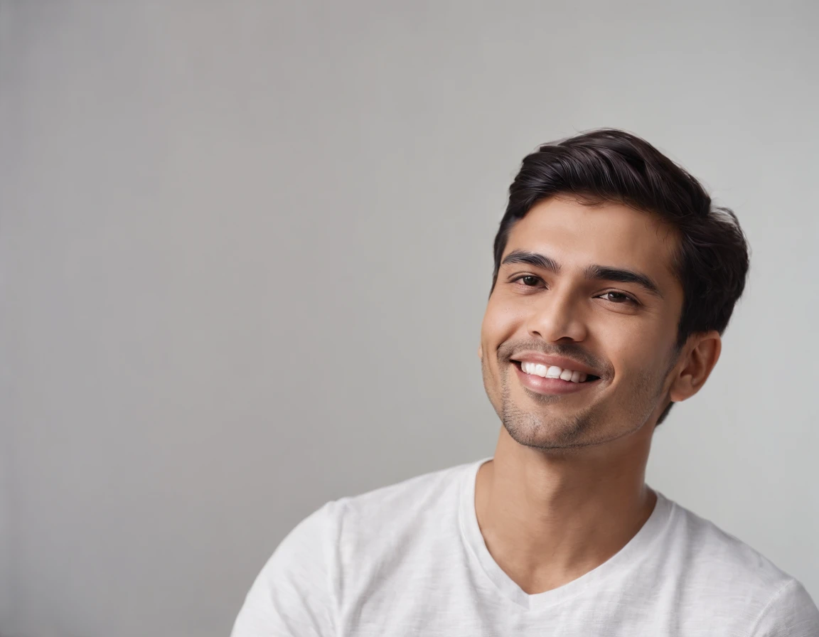 ((Indian Latino)), (Latino man), (photo: 1.3) af (photorealism: 1.3), frontal close-up, soft light, clear face, happy, cheerful, warm light, white t-shirt, (grey and white background), (blank background), (gray wall background) avatar, (short hair), smile,...