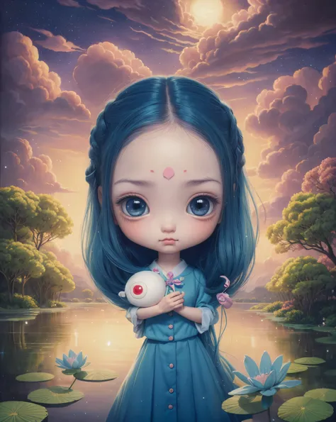 Pintura de una mujer  con un pez, inspirado por Mark Ryden, inspirado por Nara Yoshitomo, Mark Ryden en el estilo de, Estilo de arte surrealismo pop, Estilo Mark Ryden, Arte de Jana Brike, Estilo de Mark Ryden, Surrealismo pop lowbrow, inspirado en Chiho A...