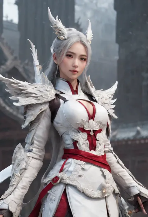 Cirilla Fiona Elen Riannon，Excellent picture quality，Outstanding details，超高分辨率，（Fidelity：1.4）, Prioritize details，Split close-up，Ride the dragon，High-tech robot dragon knight，He has a gentle and beautiful face，（（Blue and white flying semi-mechanical fusela...