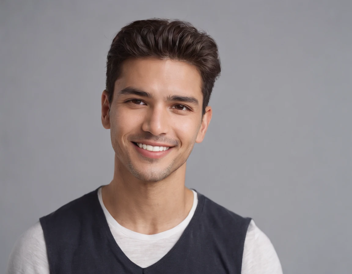 ((South American Latino)), (Latino man), (photo: 1.3) af (photorealism: 1.3), frontal close-up, soft light, clear face, happy, cheerful, warm light, white T-shirt, (grey and white background), (blank background), (gray wall background) avatar, (short hair)...