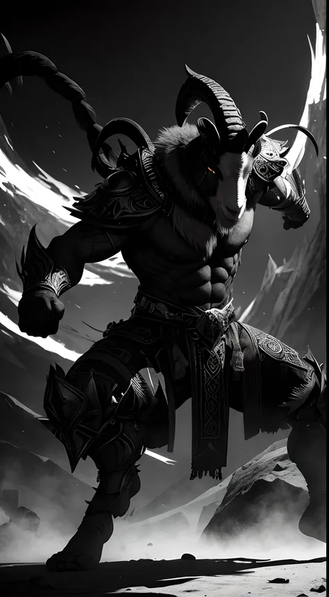 goat mask creature, weapon master style, black and white colors, fighting pose, full body, Animal Anthropomorphism, realistic digital, humanoid, abstract background, global illumination, intricate, epic, dramatic, masterpiece, high detail, best quality, ul...