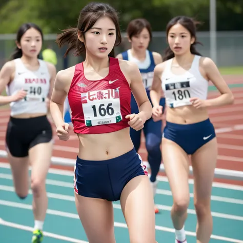 top-quality、16k images 1 Japan girl、Girls school track and field beauty with beautiful and slender body、short-hair、Run in sports underwear with your navel out、Detailed eyes and noses、Detailed pupils、athletic field、The moment of the 100-meter goal