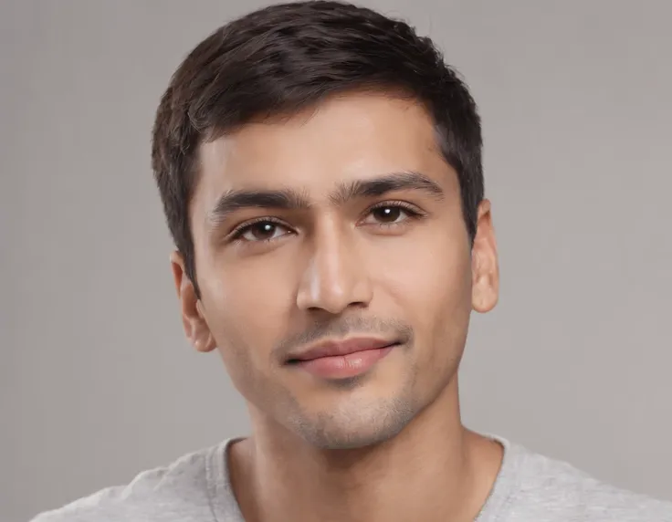 ((Indian Latino)), (Latino man), (photo: 1.3) af (photorealism: 1.3), frontal close-up, soft light, clear face, happy, cheerful, warm light, white t-shirt, (grey and white background), (blank background), (gray wall background) avatar, (short hair), smile,...