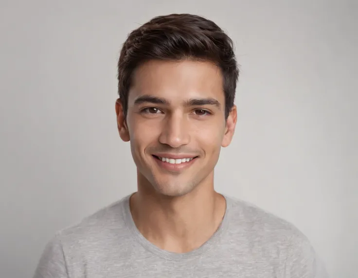 ((South American Latino)), (Latino man), (photo: 1.3) af (photorealism: 1.3), frontal close-up, soft light, clear face, happy, cheerful, warm light, white T-shirt, (grey and white background), (blank background), (gray wall background) avatar, (short hair)...