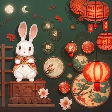 A cute rabbit sticker, red eyes, a full moon, mooncake，a Chinese Classic Room. Its night but its bright