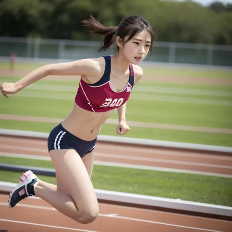 top-quality、16k images 1 Japan girl、Girls school track and field beauty with beautiful and slender body、short-hair、Run in sports underwear with your navel out、Detailed eyes and noses、Detailed pupils、athletic field、The moment of the 100-meter goal