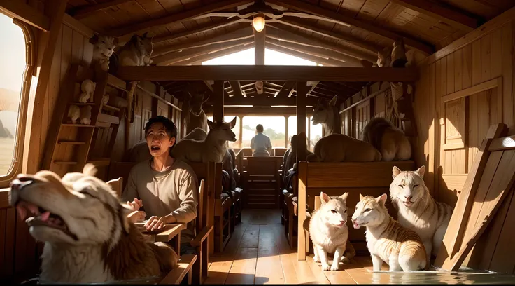 Describe the scene of Noahs Ark with Noah and his family during the flood, highlighting their expressive faces as they care for the animals on board."