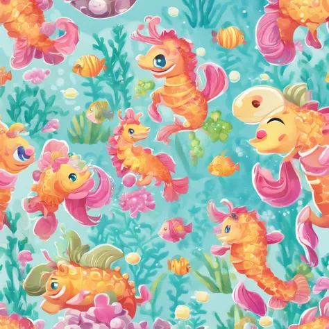 simple, vector, 4k, cheerful, flat background, illustration, under water, sea, kids background, colorful, reef, flat color, seahorse