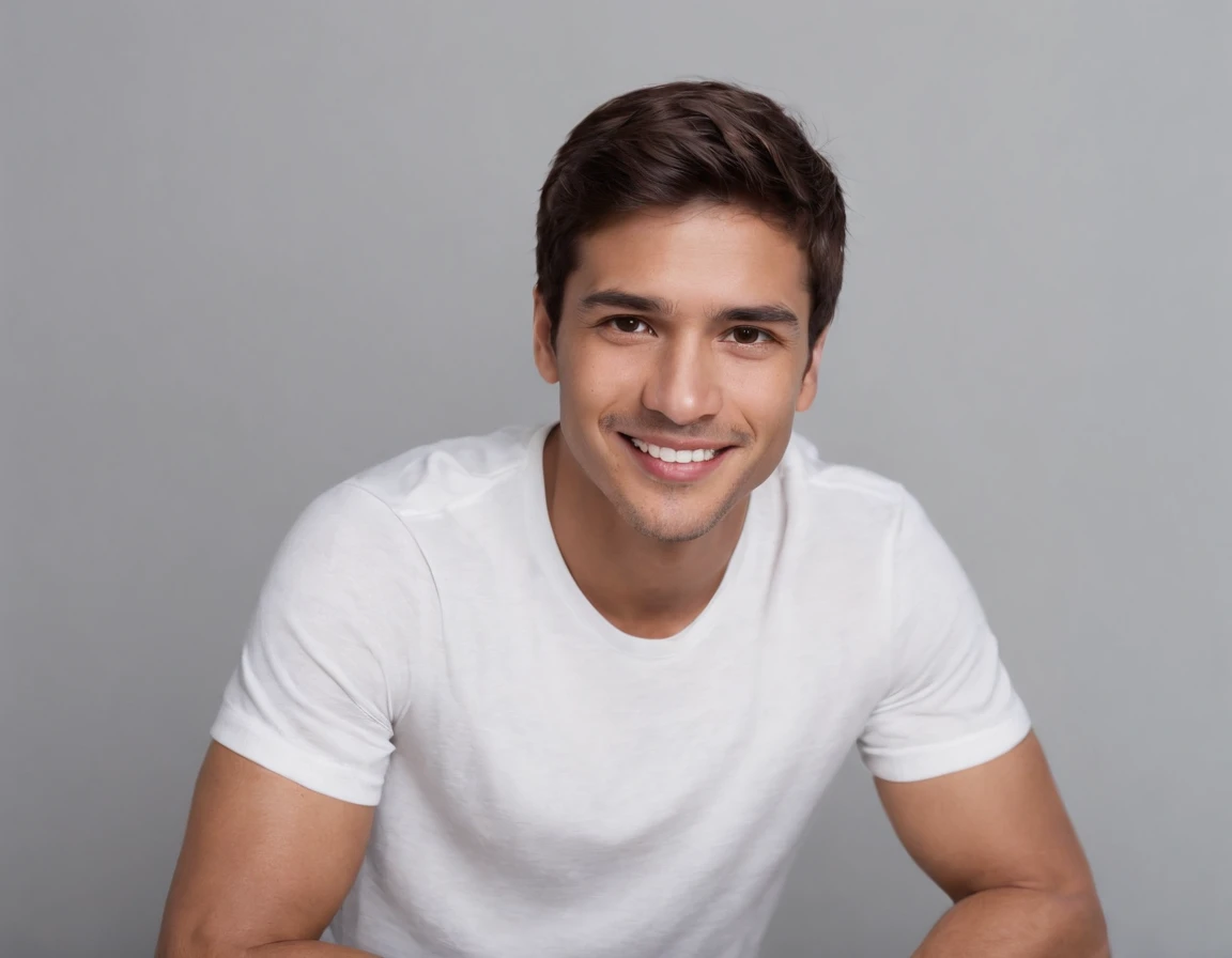 ((South American Latino)), (Latino man), (photo: 1.3) af (photorealism: 1.3), frontal close-up, soft light, clear face, happy, cheerful, warm light, white T-shirt, (grey and white background), (blank background), (gray wall background) avatar, (short hair)...