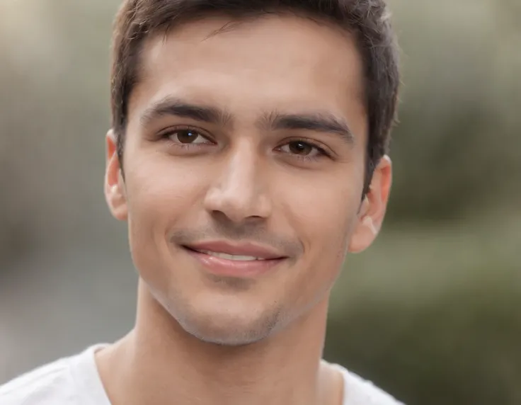 ((South American Latino)), (Latino man), (photo: 1.3) af (photorealism: 1.3), frontal close-up, soft light, clear face, happy, cheerful, warm light, white T-shirt, (grey and white background), (blank background), (gray wall background) avatar, (short hair)...