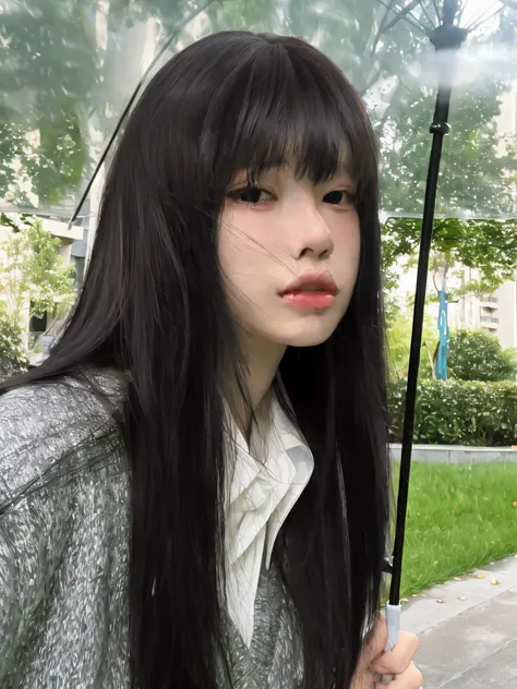 An Asian beauty，She has long black hair，Holding an umbrella in the park, She has black hair，By bangs, Long black hair with bangs, long whitr hair，Thick bangs, ulzzangs, black hime cut hair, With long hair, Long hair with bangs, Long black hair，By bangs, bl...