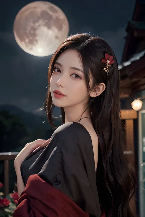 1girl, blurry, blurry_background, brown_eyes, brown_hair, depth_of_field, earrings, flower, full_moon, hair_flower, hair_ornament, lips, looking_at_viewer, moon, moonlight, night, night_sky, outdoors, red_flower, red_moon, sky, solo