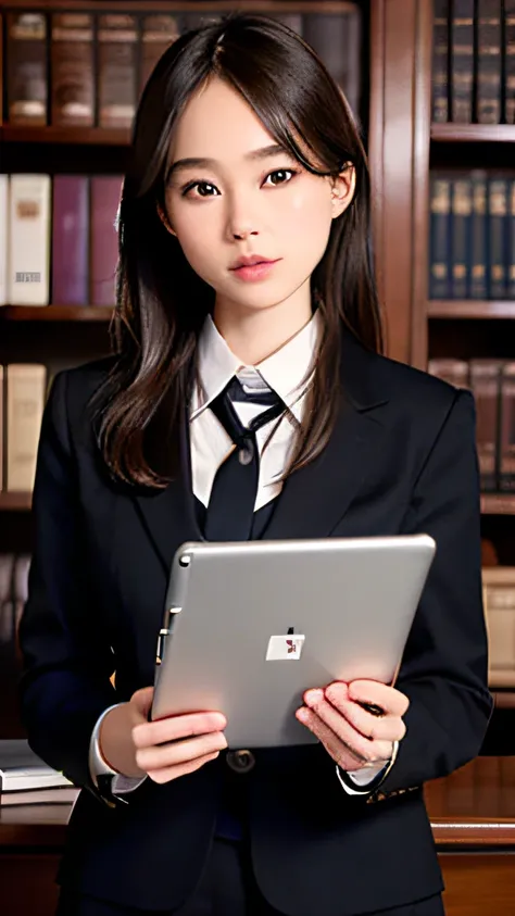 1girl, solo, parted lips, from just front, upper body, holding a large tablet device with both hands, tailored jacket, office lady, bookshelf, looking straight at the viewer, from just front